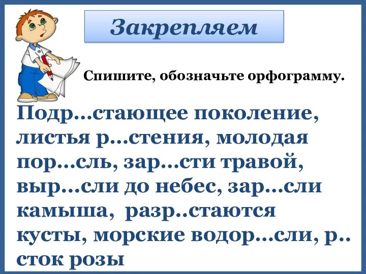 Закрепляем Спишите, обозначьте орфограмму. Подр…стающее поколение, листья р…стения, молодая пор…сль, зар…сти травой,