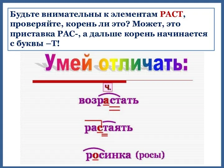 Будьте внимательны к элементам РАСТ, проверяйте, корень ли это? Может, это приставка