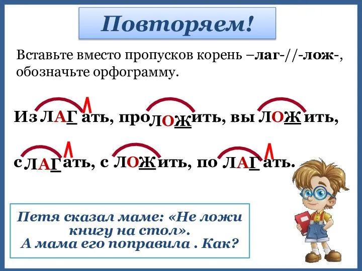 Вставьте вместо пропусков корень –лаг-//-лож-, обозначьте орфограмму. Повторяем! Из ать, про ить,