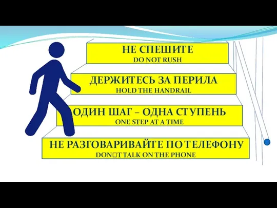 НЕ СПЕШИТЕ DO NOT RUSH ДЕРЖИТЕСЬ ЗА ПЕРИЛА HOLD THE HANDRAIL ОДИН