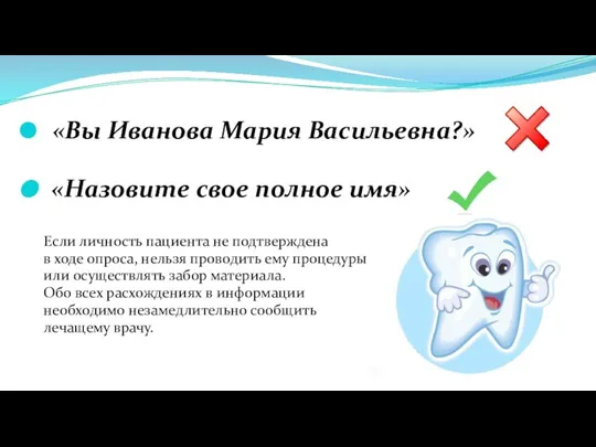 «Вы Иванова Мария Васильевна?» «Назовите свое полное имя» Если личность пациента не