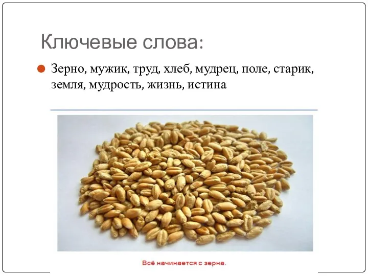 Ключевые слова: Зерно, мужик, труд, хлеб, мудрец, поле, старик, земля, мудрость, жизнь, истина