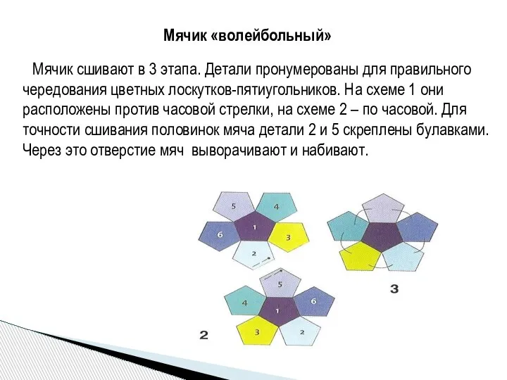 Мячик «волейбольный» Мячик сшивают в 3 этапа. Детали пронумерованы для правильного чередования