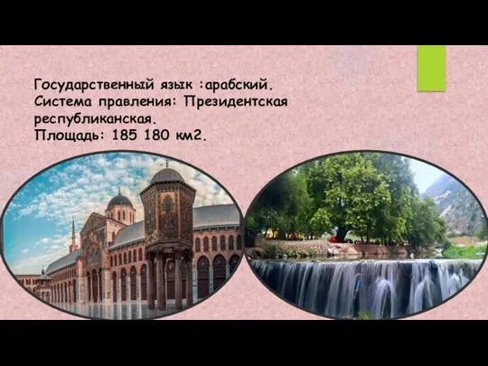 Государственный язык :арабский. Система правления: Президентская республиканская. Площадь: 185 180 км2.