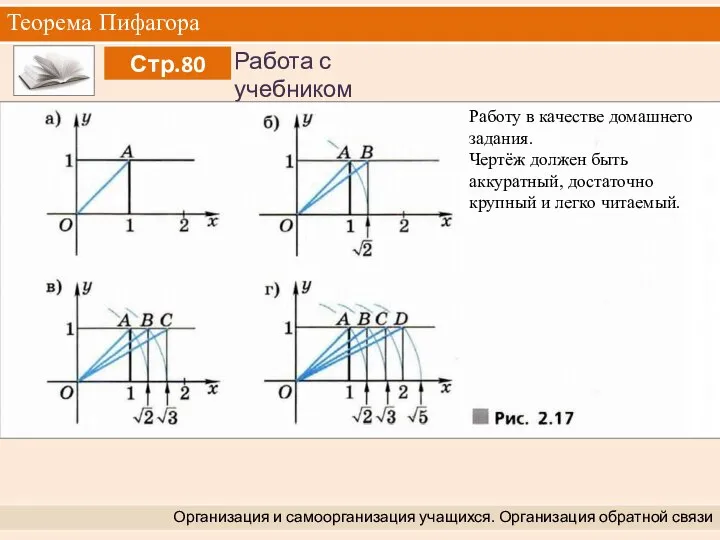 Теорема Пифагора Организация и самоорганизация учащихся. Организация обратной связи Работу в качестве