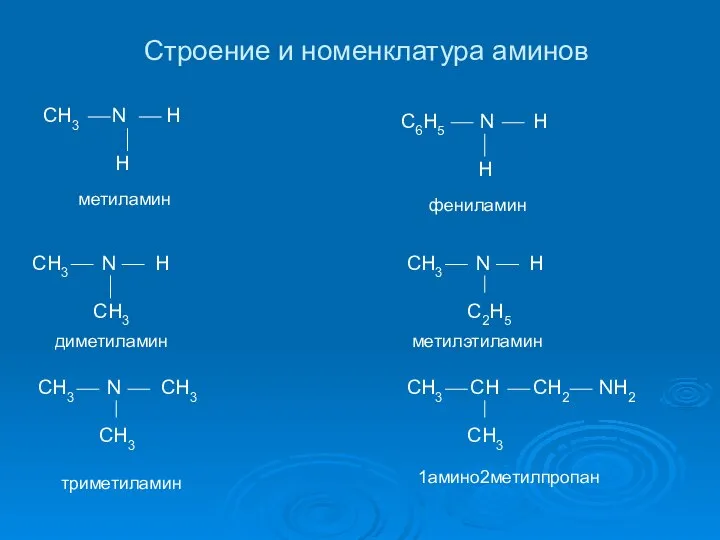 Строение и номенклатура аминов CH3 N H H CH3 N H CH3