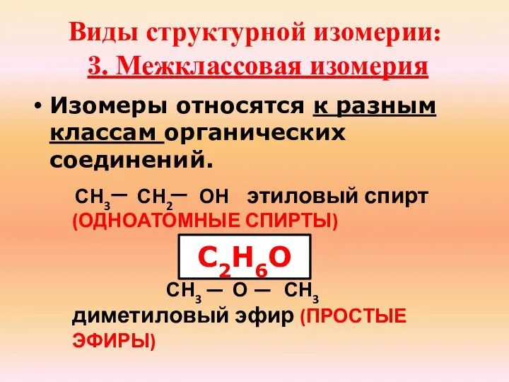 Виды структурной изомерии: 3. Межклассовая изомерия Изомеры относятся к разным классам органических