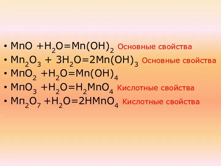 МnО +Н2О=Мn(ОН)2 Основные свойства Мn2О3 + 3Н2О=2Мn(ОН)3 Основные свойства МпО2 +Н2О=Mn(ОН)4 МпО3