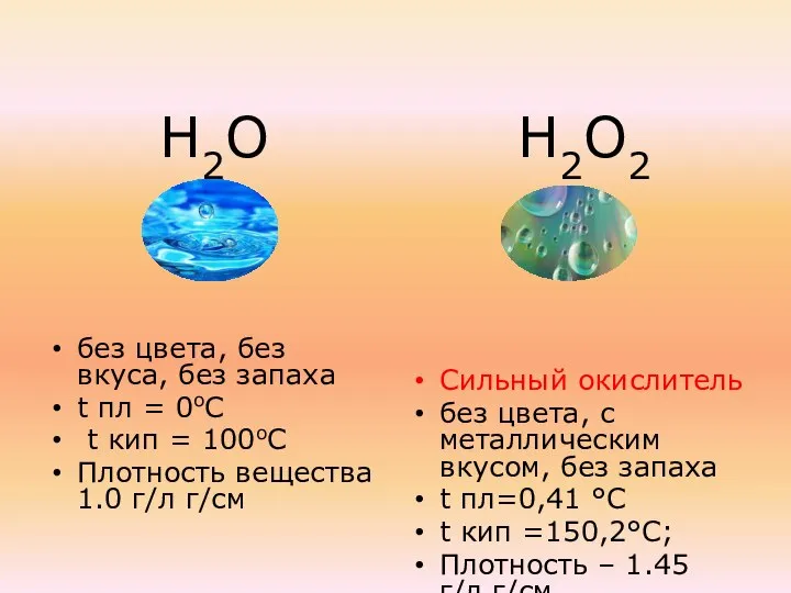 Н2О без цвета, без вкуса, без запаха t пл = 0оС t