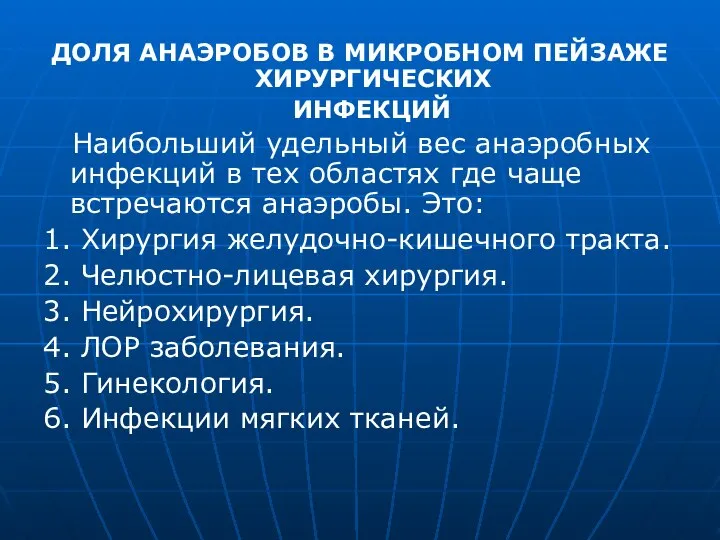 ДОЛЯ АНАЭРОБОВ В МИКРОБНОМ ПЕЙЗАЖЕ ХИРУРГИЧЕСКИХ ИНФЕКЦИЙ Наибольший удельный вес анаэробных инфекций