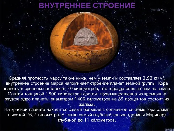 Средняя плотность марсу также ниже, чем у земли и составляет 3,93 кг/м³.