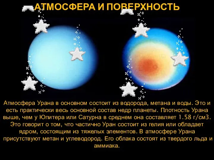 АТМОСФЕРА И ПОВЕРХНОСТЬ Атмосфера Урана в основном состоит из водорода, метана и