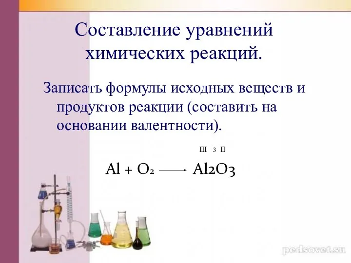 Составление уравнений химических реакций. Записать формулы исходных веществ и продуктов реакции (составить