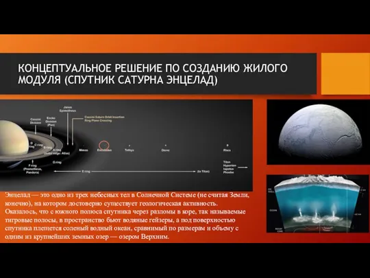 КОНЦЕПТУАЛЬНОЕ РЕШЕНИЕ ПО СОЗДАНИЮ ЖИЛОГО МОДУЛЯ (СПУТНИК САТУРНА ЭНЦЕЛАД) Энцелад — это