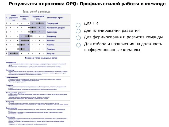 Результаты опросника OPQ: Профиль стилей работы в команде Для HR Для планирования