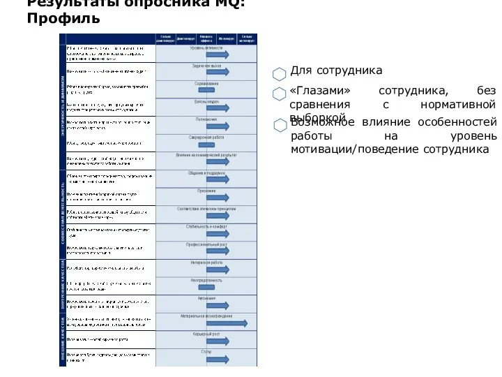 Результаты опросника MQ: Профиль Для сотрудника «Глазами» сотрудника, без сравнения с нормативной