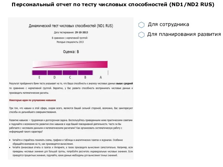 Персональный отчет по тесту числовых способностей (ND1/ND2 RUS) Для планирования развития Для сотрудника