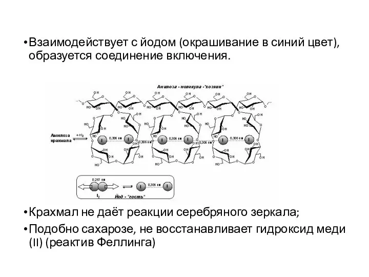 Взаимодействует с йодом (окрашивание в синий цвет), образуется соединение включения. Крахмал не