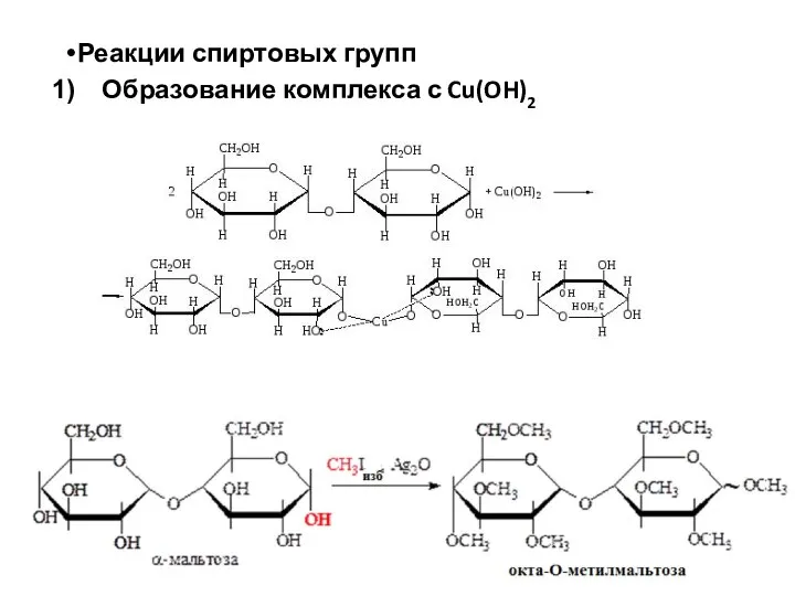 Реакции спиртовых групп Образование комплекса с Cu(OH)2 Алкилирование