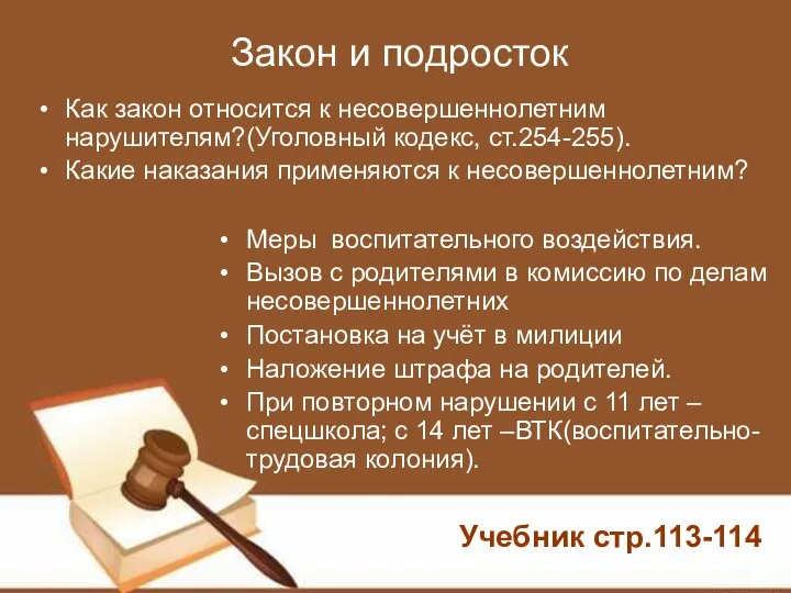 Закон и подросток Как закон относится к несовершеннолетним нарушителям?(Уголовный кодекс, ст.254-255). Какие