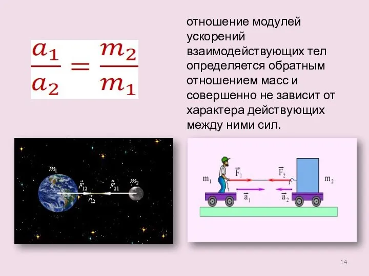 отношение модулей ускорений взаимодействующих тел определяется обратным отношением масс и совершенно не