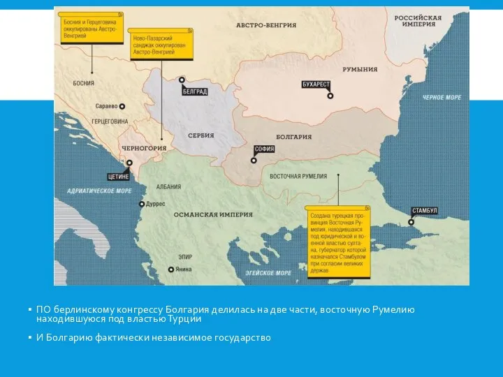 ПО берлинскому конгрессу Болгария делилась на две части, восточную Румелию находившуюся под