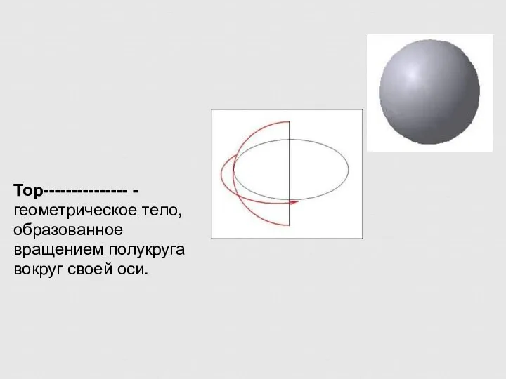 Тор--------------- - геометрическое тело, образованное вращением полукруга вокруг своей оси.