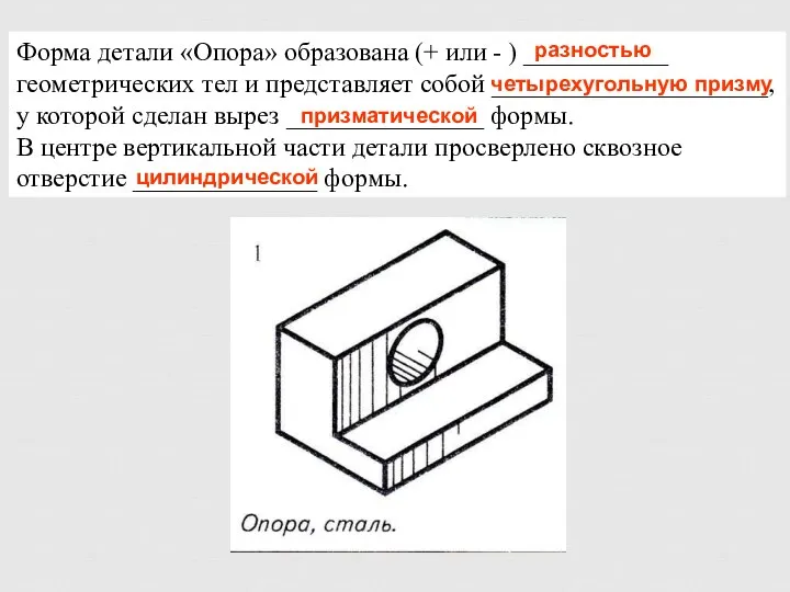 Форма детали «Опора» образована (+ или - ) ___________ геометрических тел и