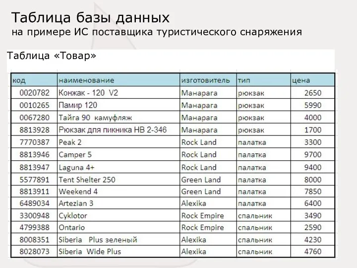 Таблица базы данных на примере ИС поставщика туристического снаряжения Таблица «Товар»