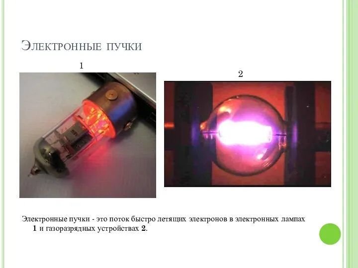 Электронные пучки Электронные пучки - это поток быстро летящих электронов в электронных