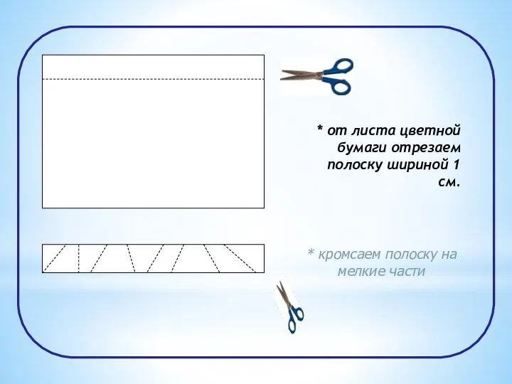 * от листа цветной бумаги отрезаем полоску шириной 1 см. * кромсаем полоску на мелкие части