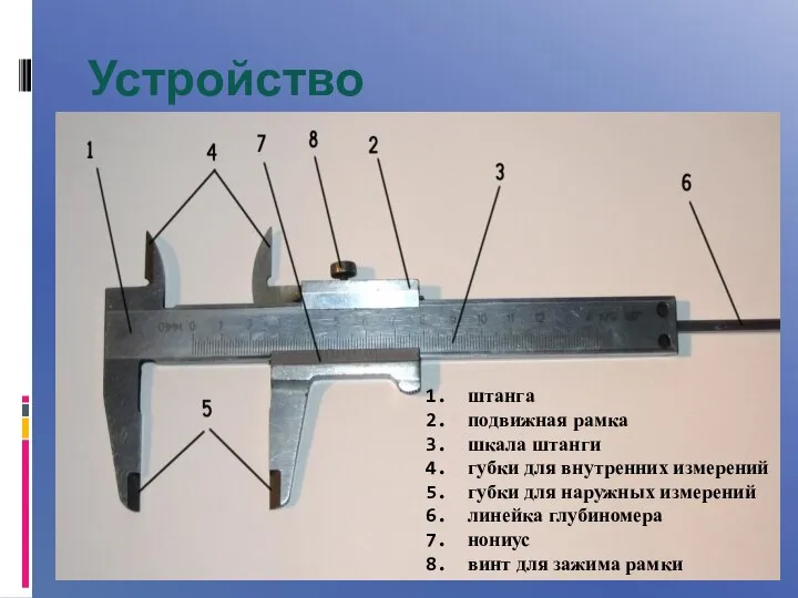 Устройство штангенциркуля штанга подвижная рамка шкала штанги губки для внутренних измерений губки