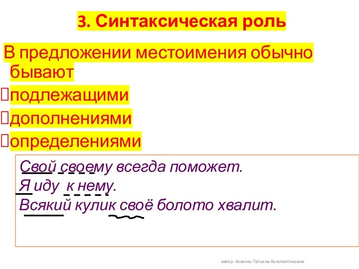 3. Синтаксическая роль В предложении местоимения обычно бывают подлежащими дополнениями определениями автор: