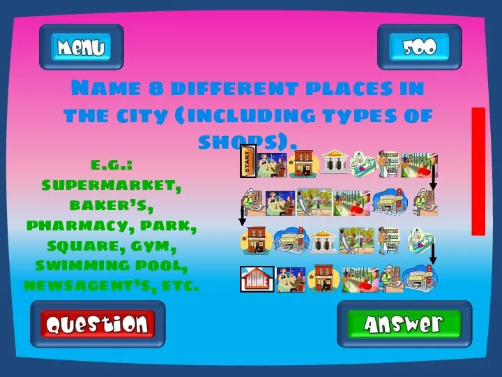 Name 8 different places in the city (including types of shops). e.g.:
