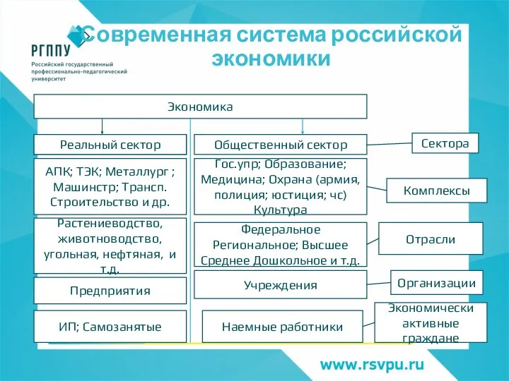 Современная система российской экономики Экономика Реальный сектор Общественный сектор Сектора Комплексы АПК;