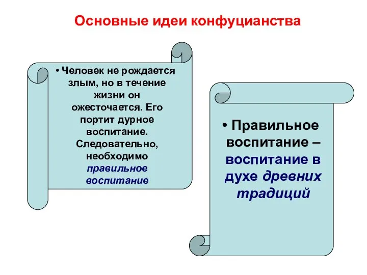 Основные идеи конфуцианства Человек не рождается злым, но в течение жизни он