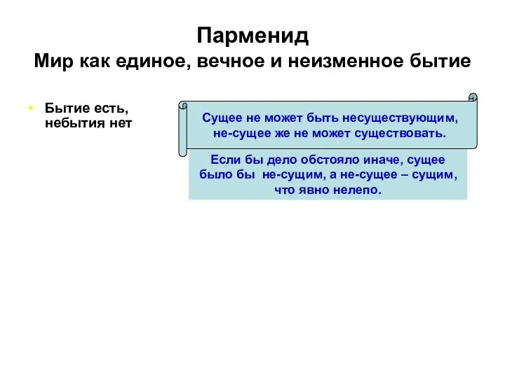 Бытие есть, небытия нет Если бы дело обстояло иначе, сущее было бы