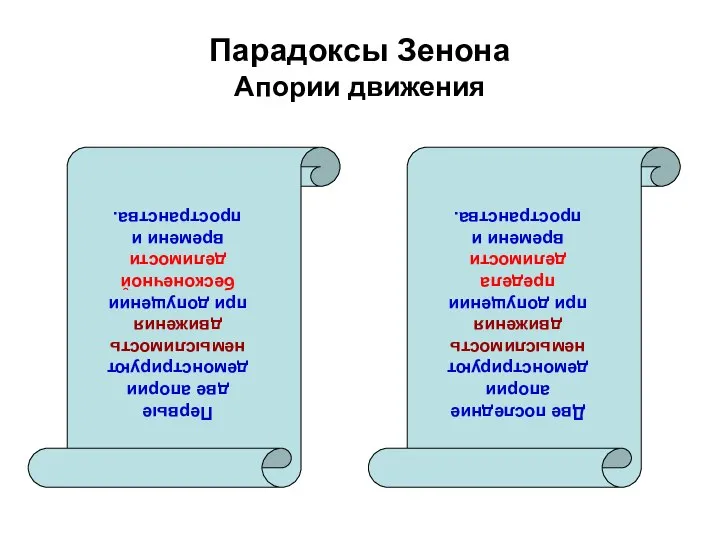 Парадоксы Зенона Апории движения Первые две апории демонстрируют немыслимость движения при допущении