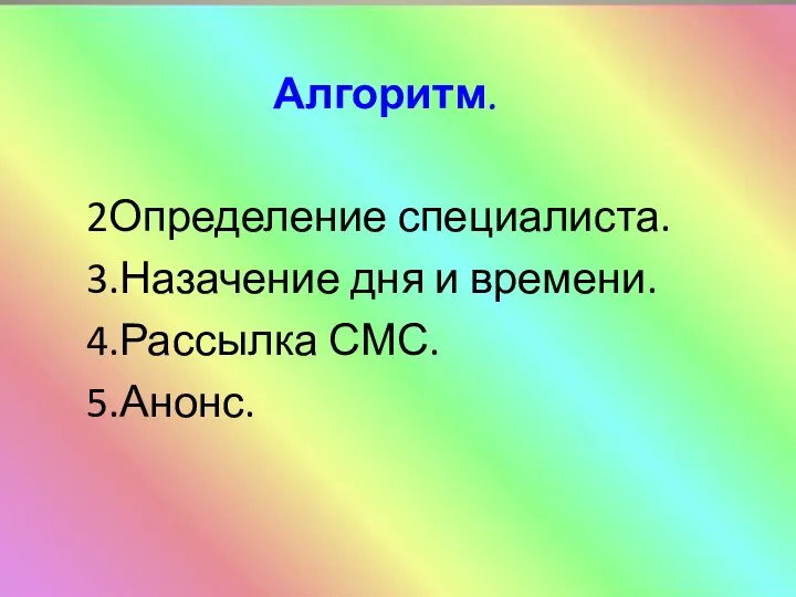 Алгоритм. 2Определение специалиста. 3.Назачение дня и времени. 4.Рассылка СМС. 5.Анонс.