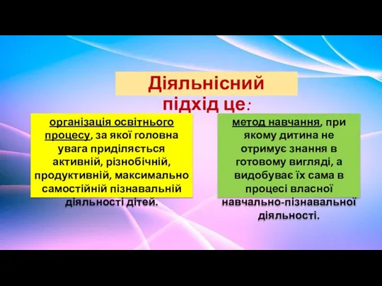 Діяльнісний підхід це: організація освітнього процесу, за якої головна увага приділяється активній,