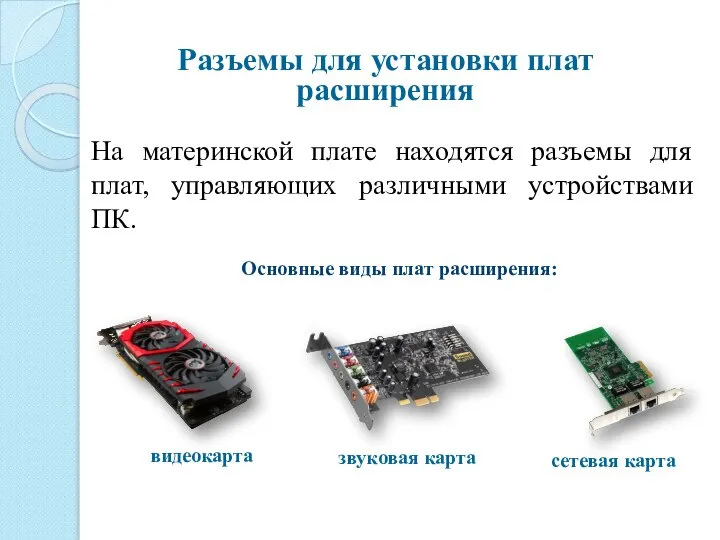 Разъемы для установки плат расширения На материнской плате находятся разъемы для плат,