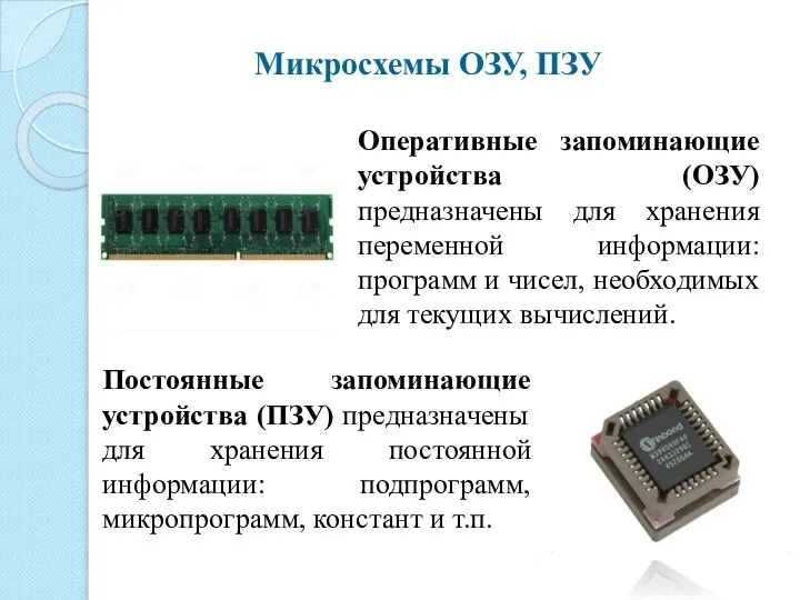 Микросхемы ОЗУ, ПЗУ Оперативные запоминающие устройства (ОЗУ) предназначены для хранения переменной информации: