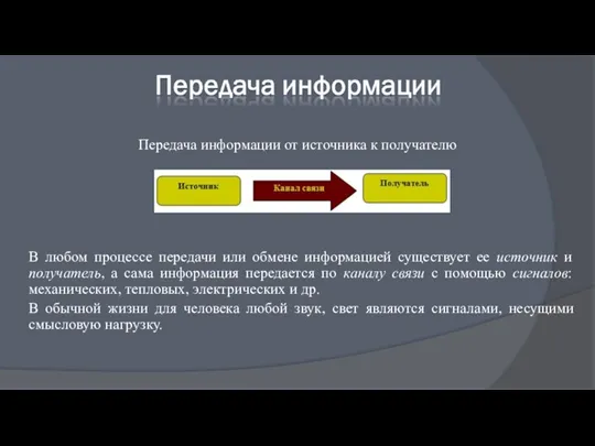 В любом процессе передачи или обмене информацией существует ее источник и получатель,