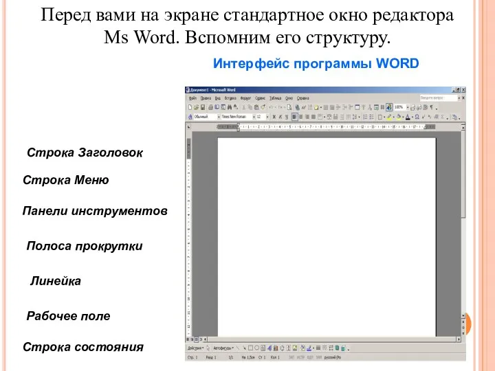 Строка Заголовок Строка Меню Полоса прокрутки Линейка Рабочее поле Строка состояния Панели