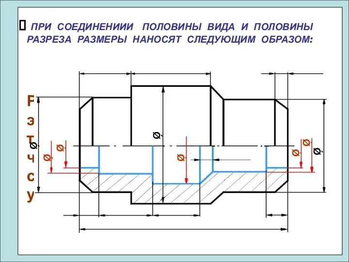 ПРИ СОЕДИНЕНИИИ ПОЛОВИНЫ ВИДА И ПОЛОВИНЫ РАЗРЕЗА РАЗМЕРЫ НАНОСЯТ СЛЕДУЮЩИМ ОБРАЗОМ: Размерные