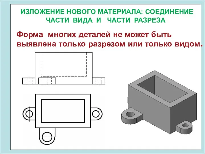 ИЗЛОЖЕНИЕ НОВОГО МАТЕРИАЛА: СОЕДИНЕНИЕ ЧАСТИ ВИДА И ЧАСТИ РАЗРЕЗА Форма многих деталей