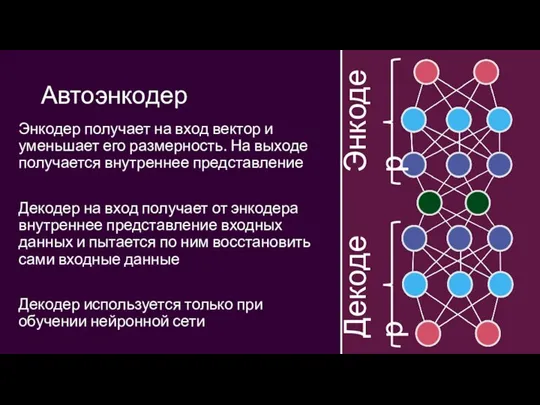 Автоэнкодер Энкодер получает на вход вектор и уменьшает его размерность. На выходе