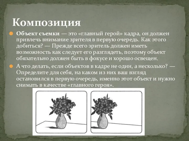 Объект съемки — это «главный герой» кадра, он должен привлечь внимание зрителя