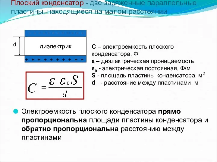 Плоский конденсатор - две заряженные параллельные пластины, находящиеся на малом расстоянии Электроемкость