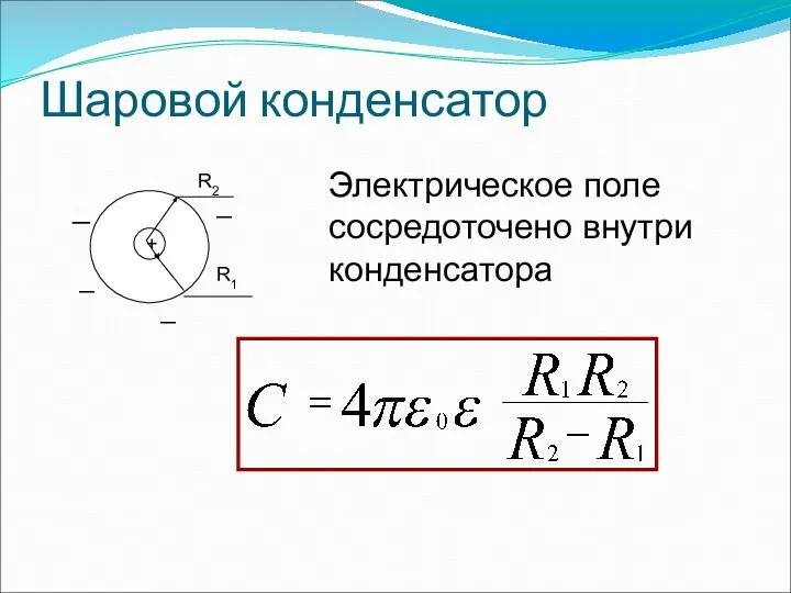 Шаровой конденсатор + _ _ _ _ R1 R2 Электрическое поле сосредоточено внутри конденсатора